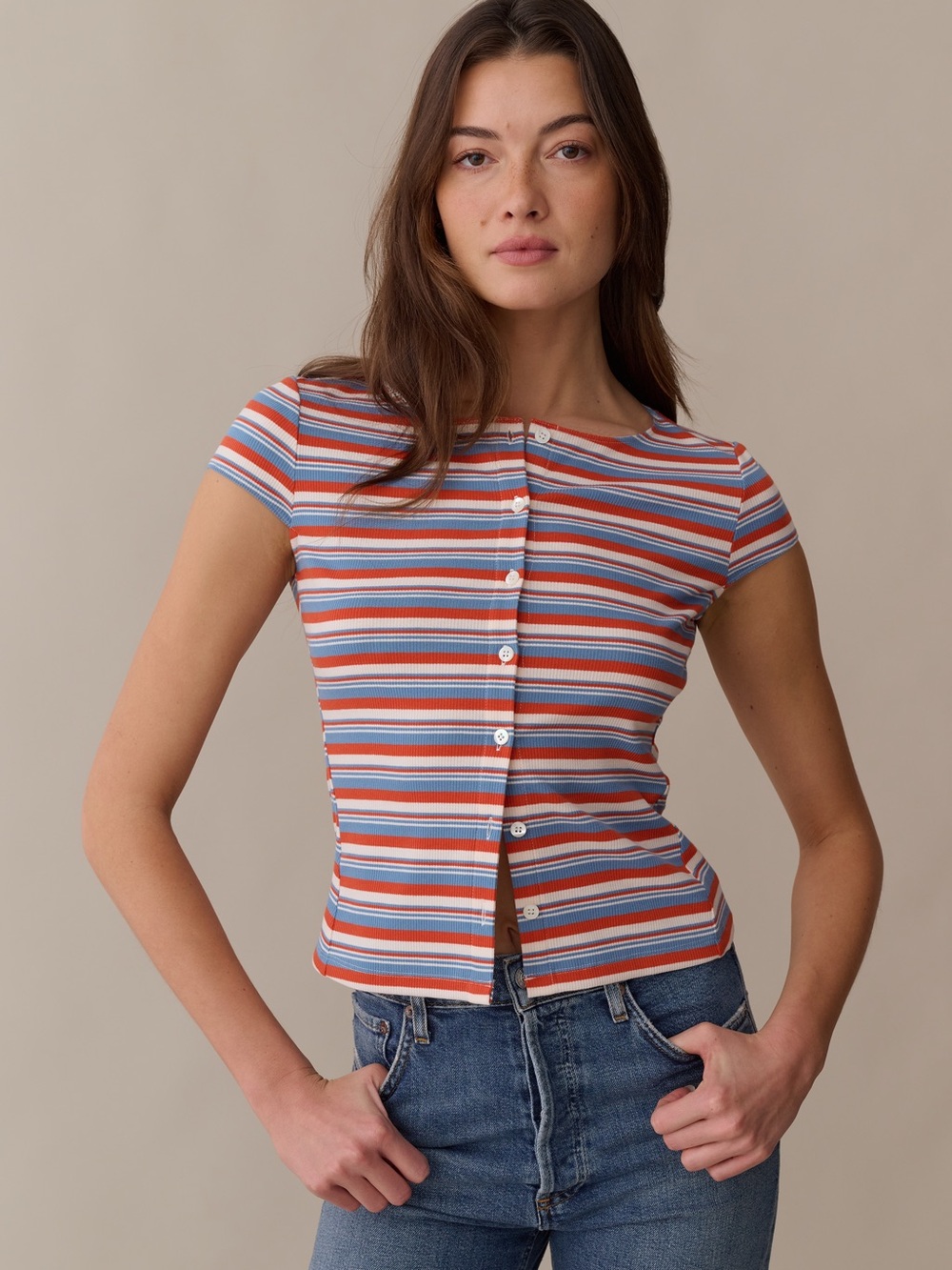 NWT Few Moda Prescott Top size Small S Red Blue White Stripe button down Caara